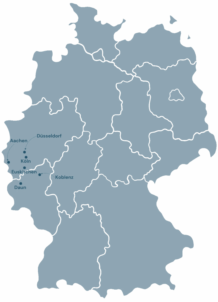 Deutschlandkarte mit markierten Einsatzorten: Euskirchen, Düsseldorf, Köln, Aachen, Koblenz, Daun – SteamyDrive NRW